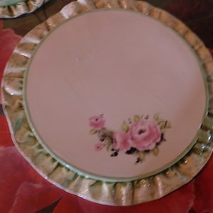 vintage ceramic ruffled edge cake plates, 3 floral and green flat cake plates, Roses and green plates, RARE cake plates, Morethebuckles