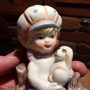 Vintage Porcelain Figurine Child & Dog on Fence, RARE 1970’s ceramic boy with dog figurine, little boy figurine, Morethebuckles