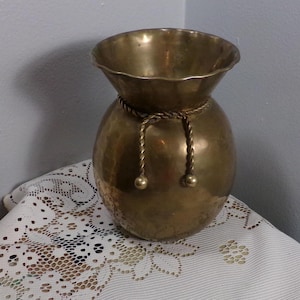 Hammered Brass Flower Vase, Hammered Brass Vase with Cord Tassel Rope Detail, Morethebuckles