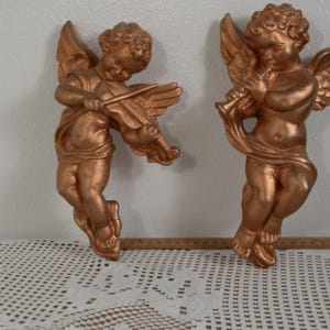 Vintage Copper Colored Wall Cherubs, Cherubs Playing Instruments, Plaster, Morethebuckles, Chalkware Cherub Set