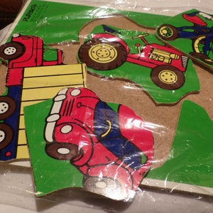 Playskool Wooden Puzzle Things with Wheels 1985, 1985 board puzzle, pre-school puzzle, 4 piece kids puzzle, board puzzle, Morethebuckles