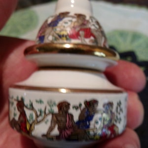 Vintage Greece oil perfumes Bottle & solid perfume pot with Greek scenes, Greek ceramic perfume/oil bottle brass top, Morethebuckles, 1980&#39;s