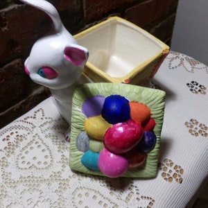 1970’s Ceramic Easter Bunny Pulling Egg Cart Lidded Candy Dish, 1970’s Ceramic painted Easter lidded dish, Easter Décor, Morethebuckles