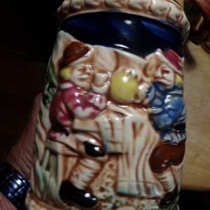 Vintage Embossed Beer Mug, Oktoberfest Beer Stein, 1950’s ceramic tavern scene mug Japan, 4 ceramic mugs, Morethebuckles