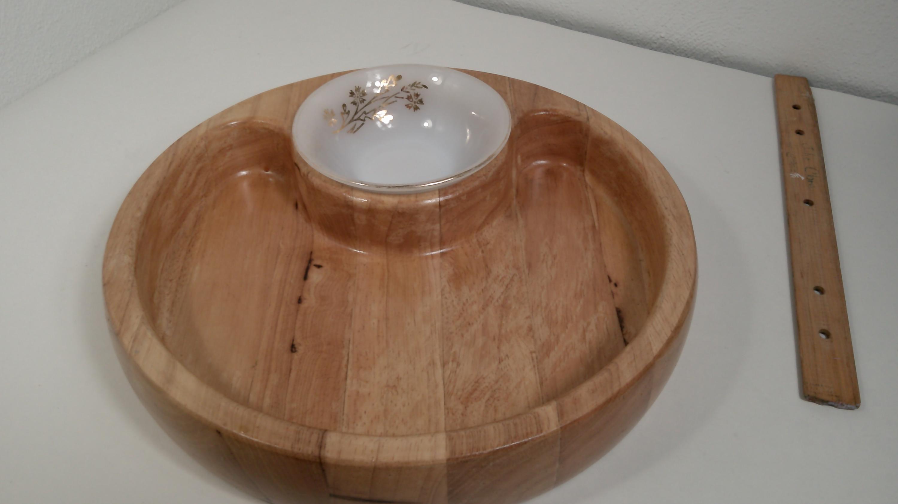 Vintage solid wood chip and dip bowl, Crate and Barrel solid wood chip and dip bowl with Milk glass bowl, Morethebuckles