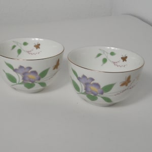 Vintage Porcelain sake cups, Set of Japanese tea/sake cups, Floral and butterfly sake cup, RARE sake cups, Morethebuckles, purple gold