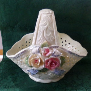 Vintage 1960&#39;s Victorian Porcelain Basket, Embossed Roses ceramic basket, Leaves and Ribbons Vintage basket, Wedding basket, Morethebuckles