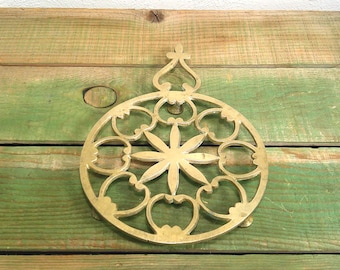 Vintage Brass Trivet Wall Art Boho Design Footed, India 1970s