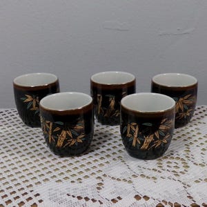 Vintage black with gold rim Japanese sake cups, 5 gold palm tree Japanese Tea Cups, Morethebuckles