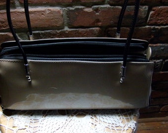 Beijo Classic Purse Ivory Black Sheen Handbag Purse, Beigo ivory and black Patent Handbag, Morethebuckles