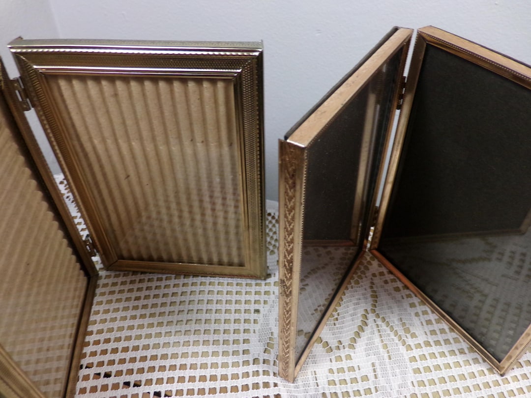 Vintage Hinged Double Picture Frame Gold Tone Metal Holds 7" by 7 ...