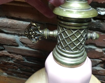 Vintage Art Deco Soft Pink Ceramic and Ornate Brass Table Lamp, Ornate brass and ceramic lamp, RARE pink lamp, desk lamp, Morethebuckles