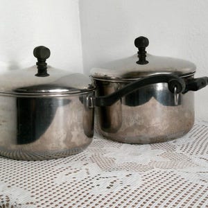 Vintage Farberware 2 QT and 4 Quart Sauce Pans Stainless Steel Aluminum Clad w/Lid USA Made, Morethebuckles, 1970’s lidded pans