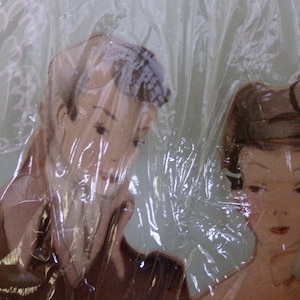 May include: A vintage illustration of a couple, a man and a woman, with a plastic sheet covering the image. The man is wearing a brown suit and the woman is wearing a white dress with a brown hat.