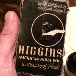 Antique Higgins American India Ink Bottle & Box, Higgins India ink bottle,  Rare antique Higgins full bottle ink with insert, Morethebuckles