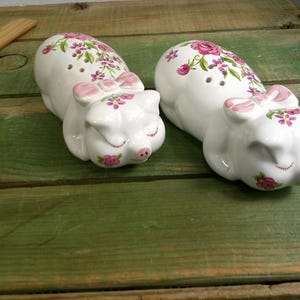 May include: Two white ceramic pig-shaped salt and pepper shakers featuring pink floral patterns, green leaves, and a pink bow on each head. The pigs have closed eyes and a pink snout. A wooden ruler is visible in the upper left corner of the image.
