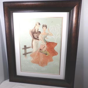 Vintage Watercolor Airbrush Painting Bernard Picture, 1947 airbrush signed art, Framed Art Décor Courting couple watercolor, Morethebuckles image 1