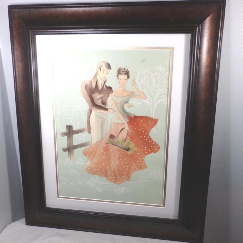 Vintage Watercolor Airbrush Painting Bernard Picture, 1947 airbrush signed art, Framed Art Décor Courting couple watercolor, Morethebuckles image 1