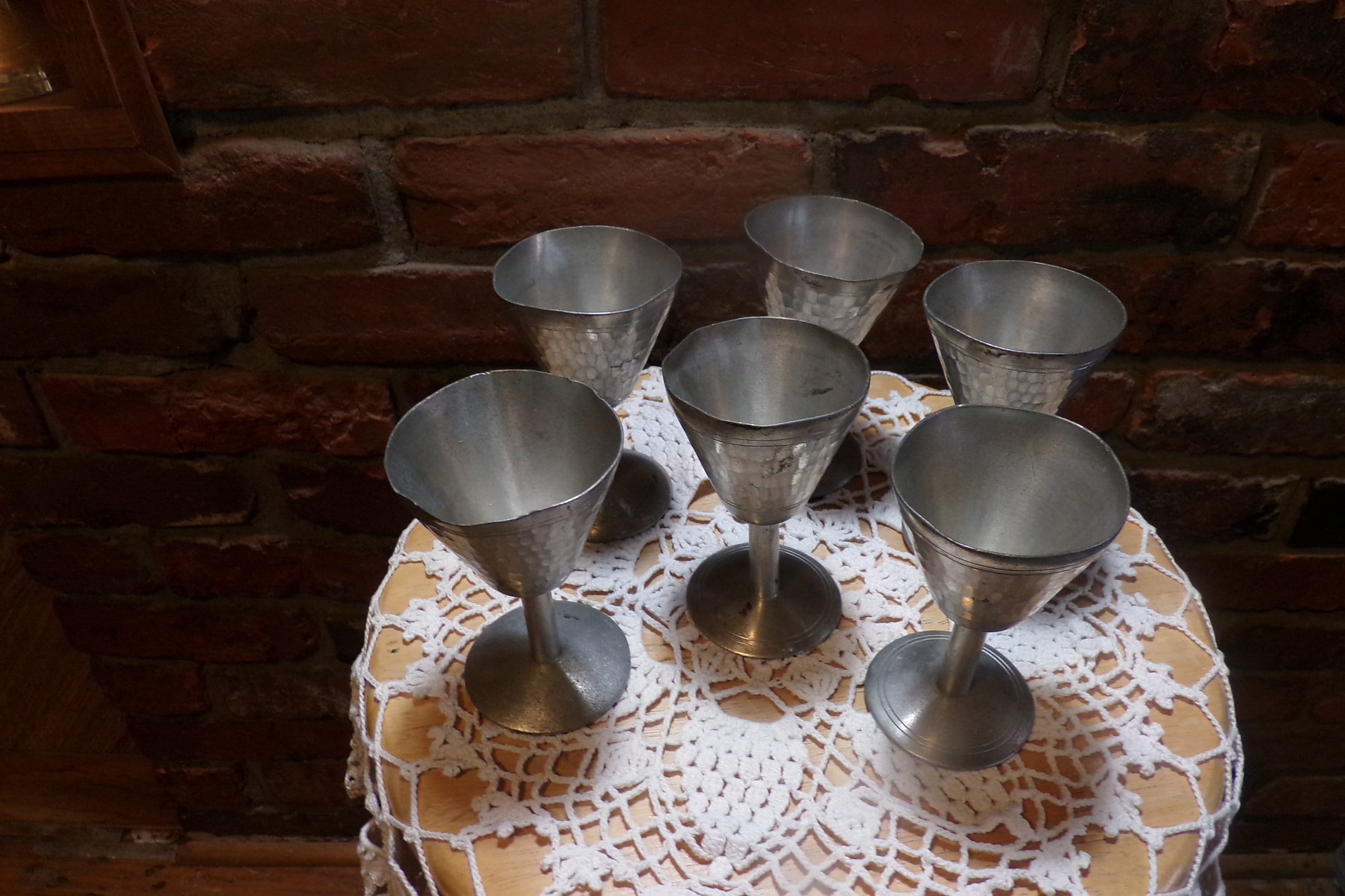 Antique Art Deco Indonesian T.K.F. Banka Tinwerk Hammered Stemware