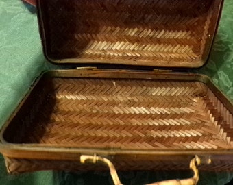 Vintage Hand Woven Bamboo Basket with Brass Hinges