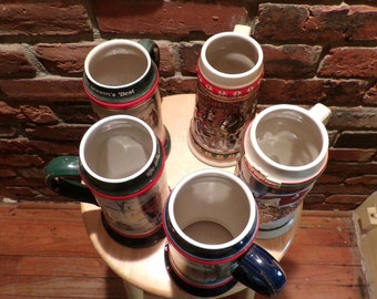 Budweiser Collectors Series Christmas Beer Stein, Anheuser Busch AB Budweiser Bud Holiday Beer Stein Clydesdales, 1990’s Morethebuckles
