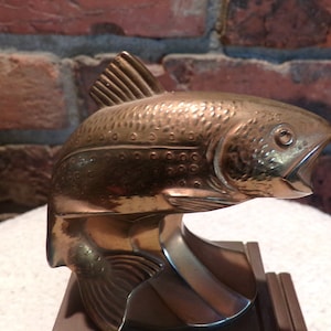 Vintage Brass Sculpture Fish on Stand, 1930&#39;s Brass Large Mouth Bass on brass base, fish décor, brass fish, rare fish art, Morethebuckles