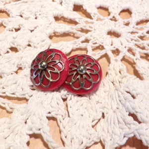 Vintage Costume Jewelry Clip on Earrings, Red Clip on earrings, red and silver earrings, 1960’s red plastic earrings