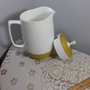 Vintage Thermos Insulated Ware Thermos Carafe, Mid Century Insulated White Mustard Yellow Hot/Cold Pitcher Carafe Lid, Morethebuckles