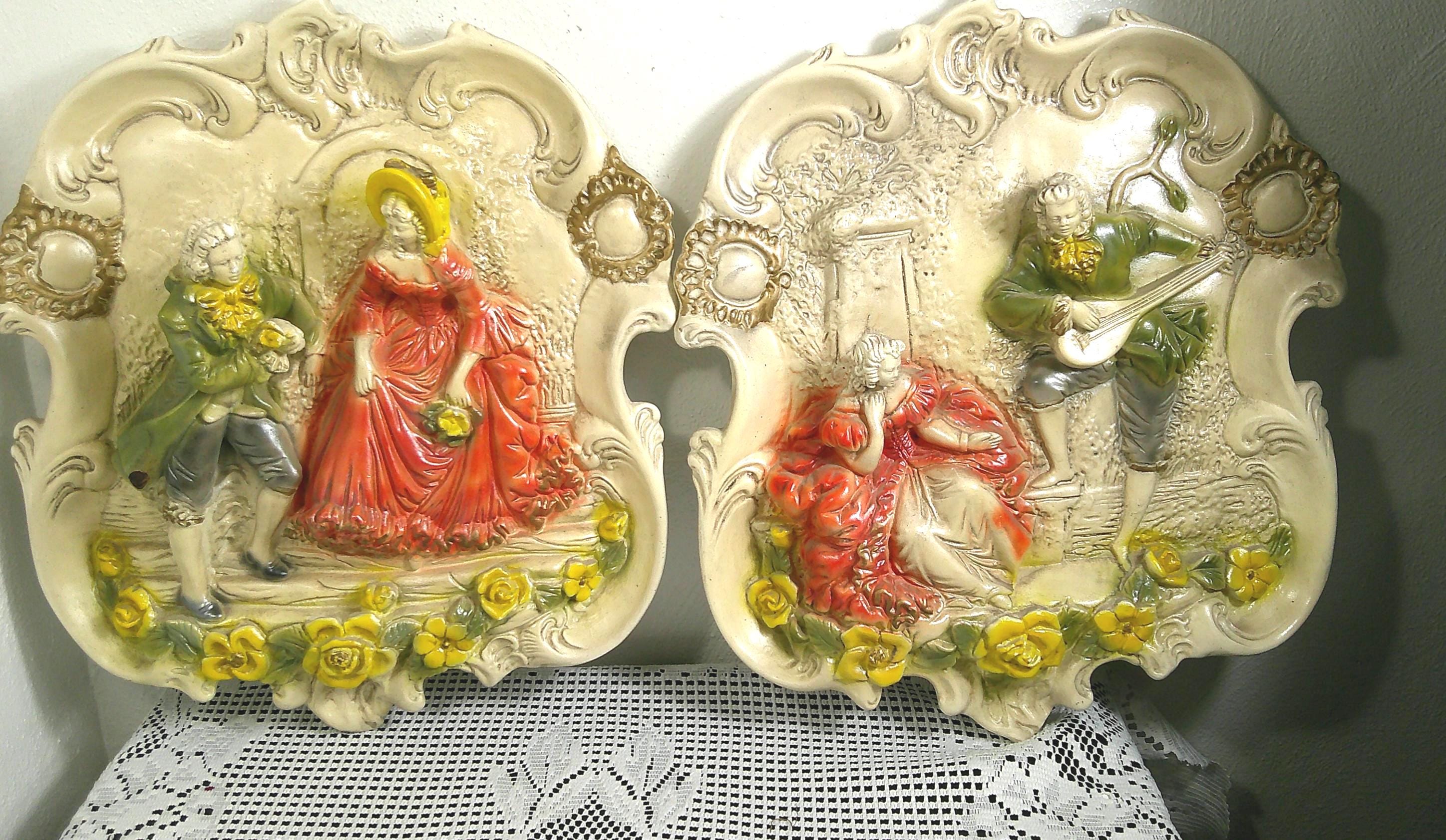 Vintage Colonial Couple Rococo Chalkware Plaster Wall 3D Plaque