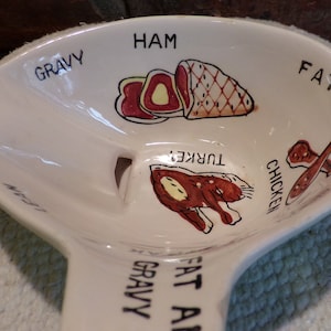 Puede incluir: Salsera de cerámica blanca con ilustraciones de jamón, pavo y pollo, con las palabras "Ham", "Turkey", "Chicken", "Fat", "Gravy" y "Lean" escritas en ella. La salsera tiene un asa y un pico.