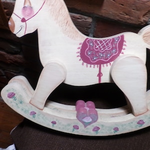 Large Vintage Handcrafted Wooden Rocking Horse, RARE folk art rocking horse, nursery décor, floral pink rocking horse, Morethebuckles