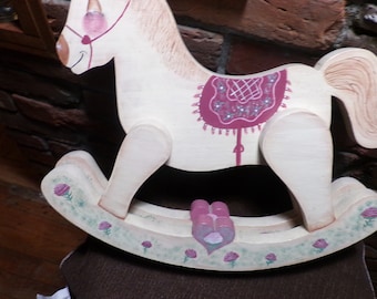 Large Vintage Handcrafted Wooden Rocking Horse, RARE folk art rocking horse, nursery décor, floral pink rocking horse, Morethebuckles