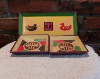 Vintage oriental paper mache nesting trays birds, Paper Mache Trays, Paper Mache Nesting Trays, Vintage trays, dresser trays, Morethebuckles