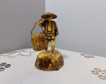 Vintage 1940's celluloid Asian man carrying water, Japanese Man Carrying Water Celluloid Figurine  3 1/4'', Morethebuckles, 1940's figurine