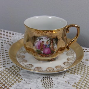 Vintage Tea Cup and Saucer Royal Japan, RARE Gold Courting couple tea cup and saucer, Gold Demitasse Tea Cup, Morethebuckles, 1950