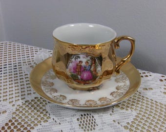 Tasse à café et soucoupe Royal Japan en Or, Couple Rare pour la Cour, 1950s