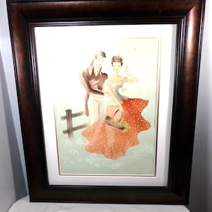 Vintage Watercolor Airbrush Painting Bernard Picture, 1947 airbrush signed art, Framed Art Décor Courting couple watercolor, Morethebuckles image 2