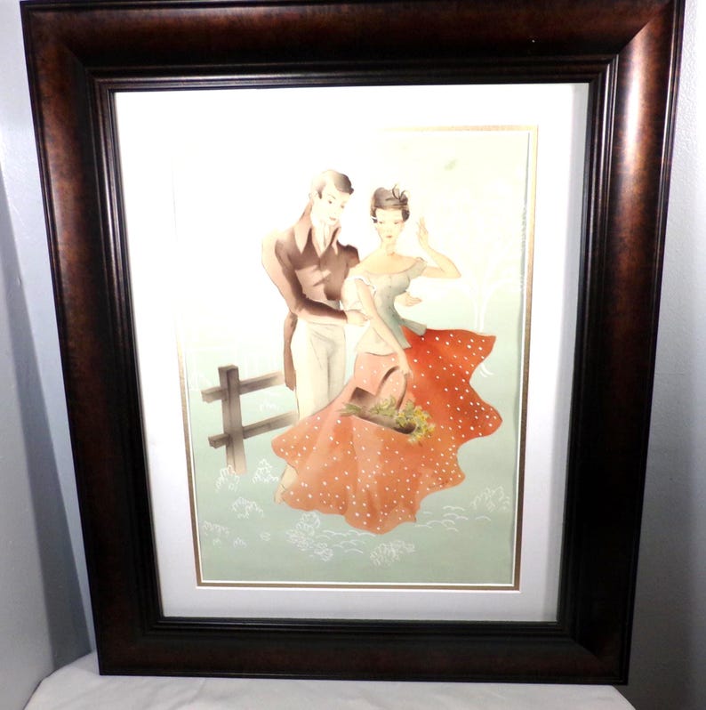 Vintage Watercolor Airbrush Painting Bernard Picture, 1947 airbrush signed art, Framed Art Décor Courting couple watercolor, Morethebuckles image 2