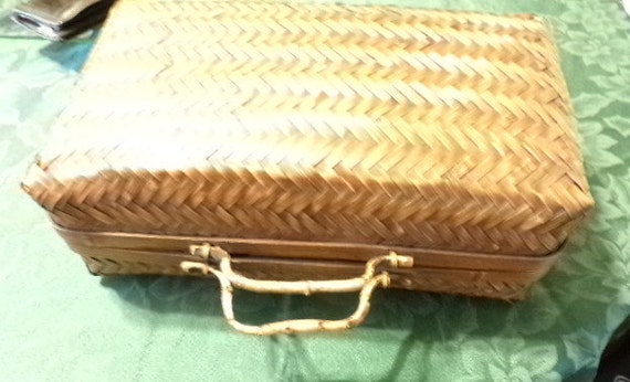ヴィンテージ手編みハンドル付き竹製バスケット、ヴィンテージ