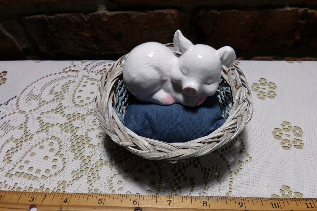 Pig in a Basket, Vintage Pig Lying in a Blue Wicker Basket, Vintage Pig