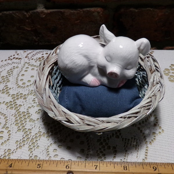 Pig in a basket, vintage pig lying in a blue wicker basket, vintage pig in a basket, OOAK pig, Morethebuckles, porcelain pig