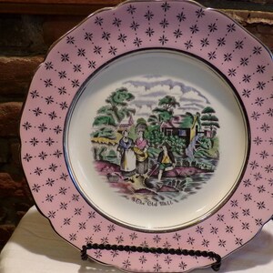1940&#39;s Vintage Gray&#39;s Pottery Hand Painted Plate, Gray’s Pottery The Old Mill plate, RARE Pottery pink and silver plate, Morethebuckles