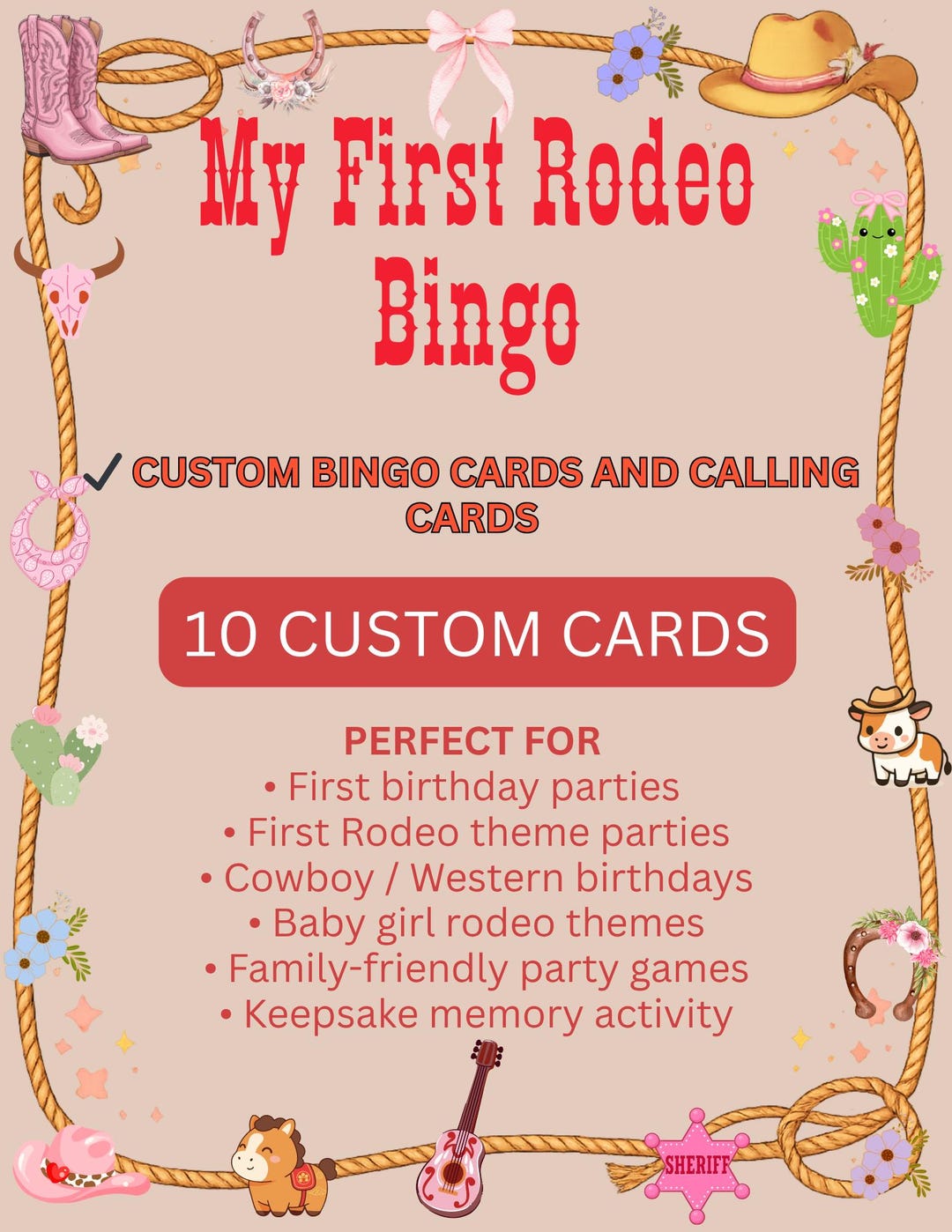 10 Custom First Rodeo Baby Girl Birthday Bingo Cards, Cowgirl Party ...