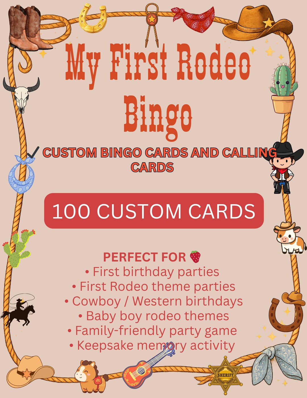 Bingo Pre K Rodeo 100 Custom First Rodeo Baby Birthday Bingo Cards, Cowboy Boy Party Game ...