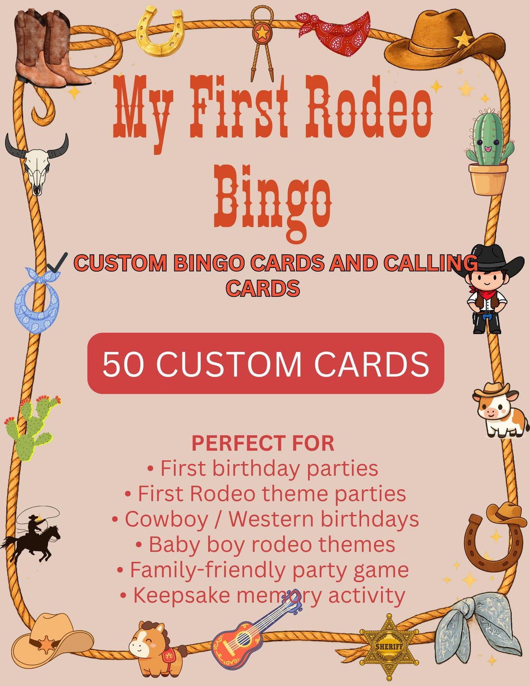 50 Custom First Rodeo Baby Birthday Bingo Cards, Cowboy Boy Party Game ...