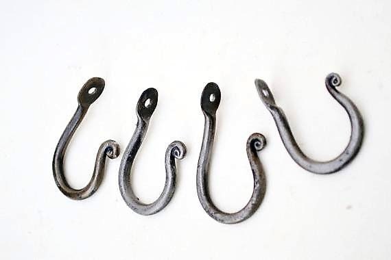 One Pair Small, Hand Forged, Wrought Iron, Screw in Hooks 7cm High, 4.5cm  Deep 