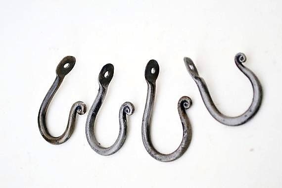 One pair Small hand forged wrought iron screw in hooks 7cm high 4.5cm deep