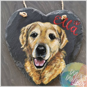 Pet portrait, painted slate, hanging heart plaque, cat, dog, pets, dog memorial, cat memorial, custom homeware, pet loss, cat gift, dog gift