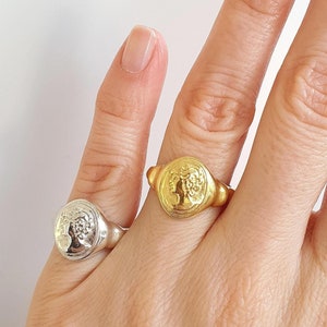 Gold Vermeil Cameo Signet Ring,Romantic Victorian Ring,Medallion Coin Ring, Art Deco Statement Ring, Intaglio Jewelry
