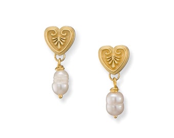 Gold Vermeil Heart and Natural Freshwater Pearl Earrings | Ancient Greek Inspired Earrings | Bridal Earrings | Romantic |Elegant